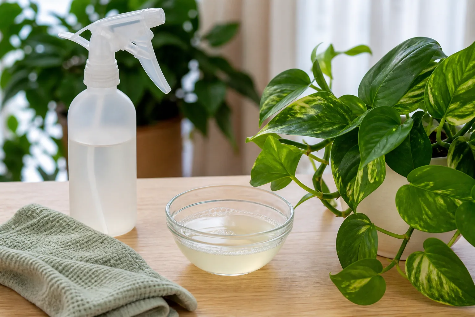 Insecticidal soap spray bottle beside a mixing cup for foliar pest treatment on houseplants