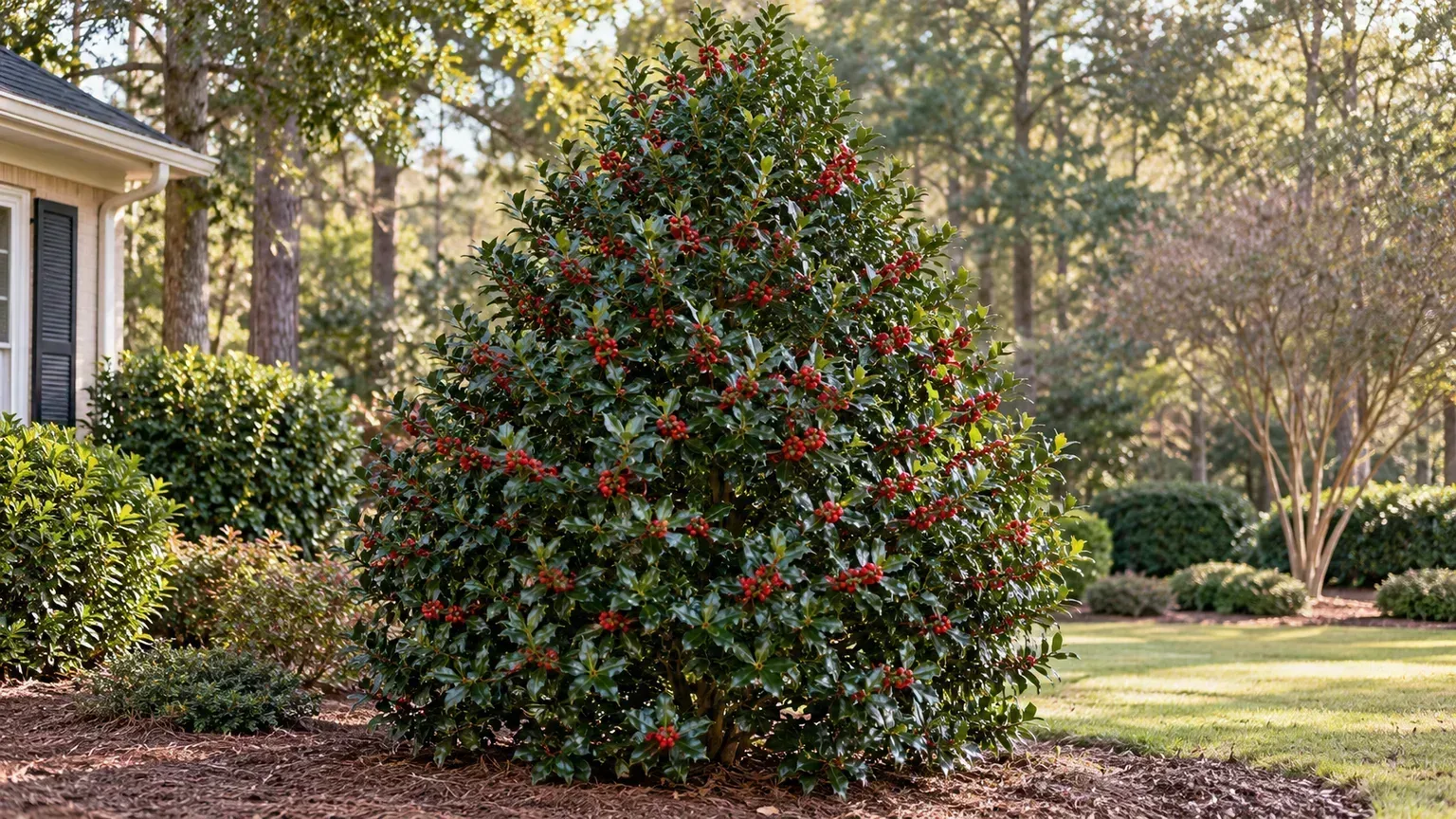 Mature Nellie R. Stevens holly with glossy green foliage and red berries in a garden bed
