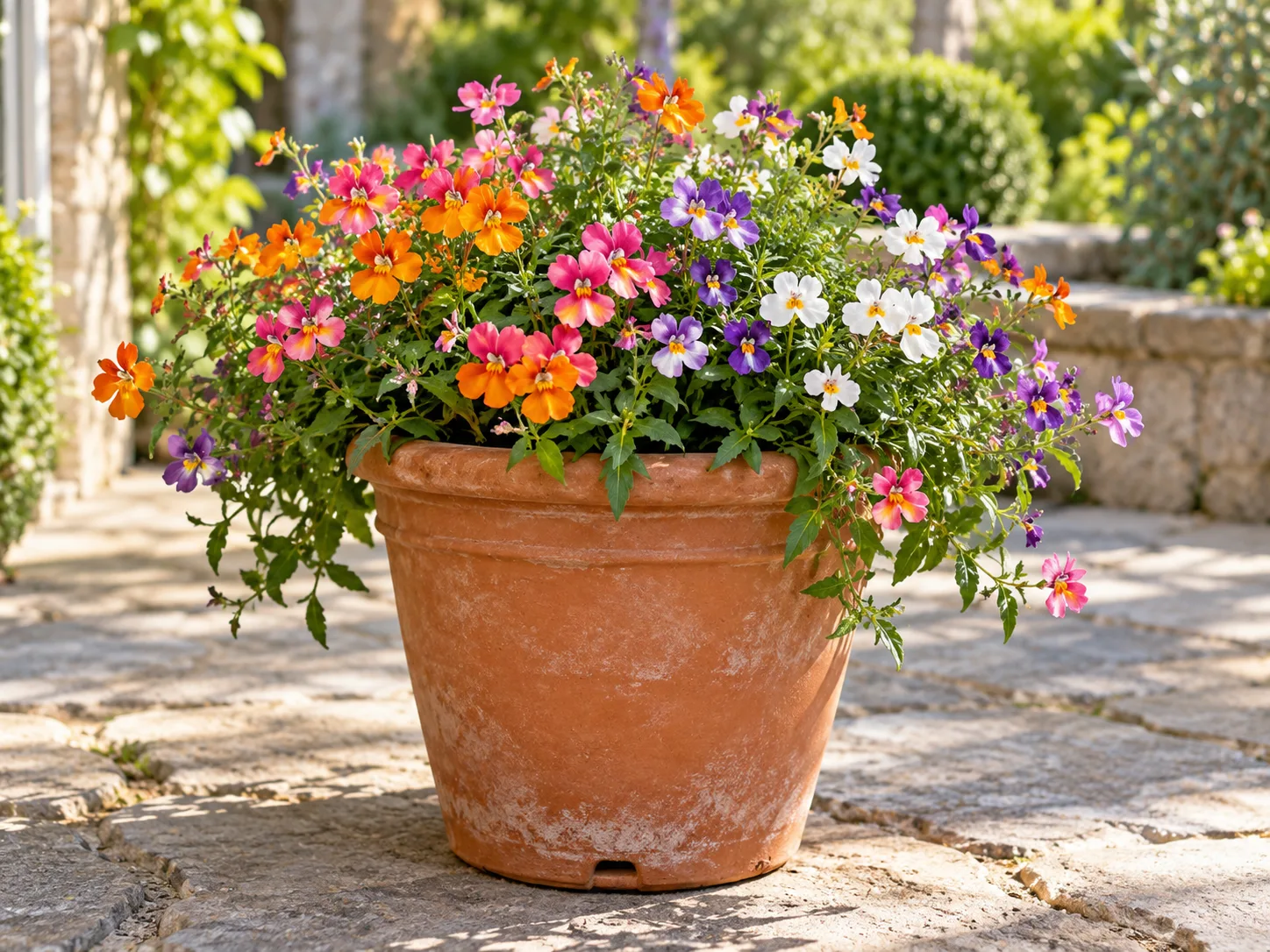 A flowering nemesia plant spilling over the rim of a terracotta patio pot.