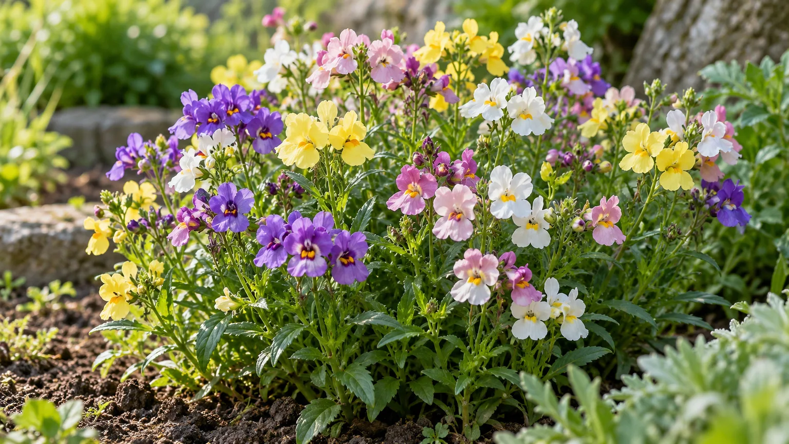Compact nemesia flowers in pink, white, violet, and yellow growing in a sunny garden border