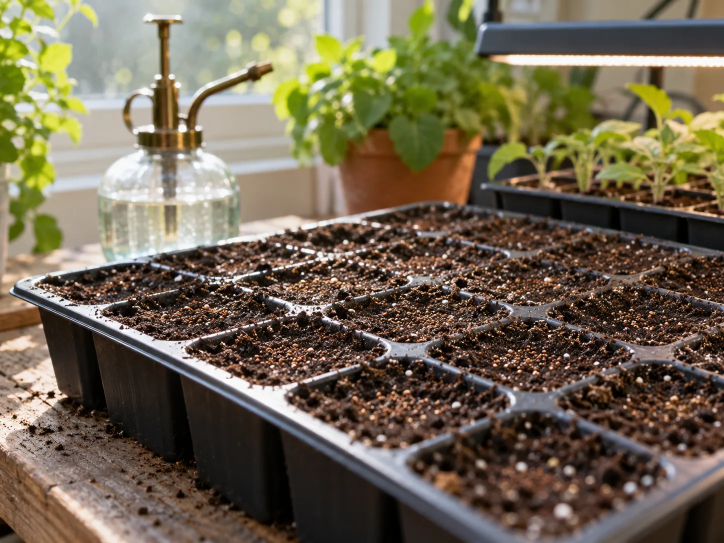 Seed-starting cells filled with fine, evenly moist potting mix