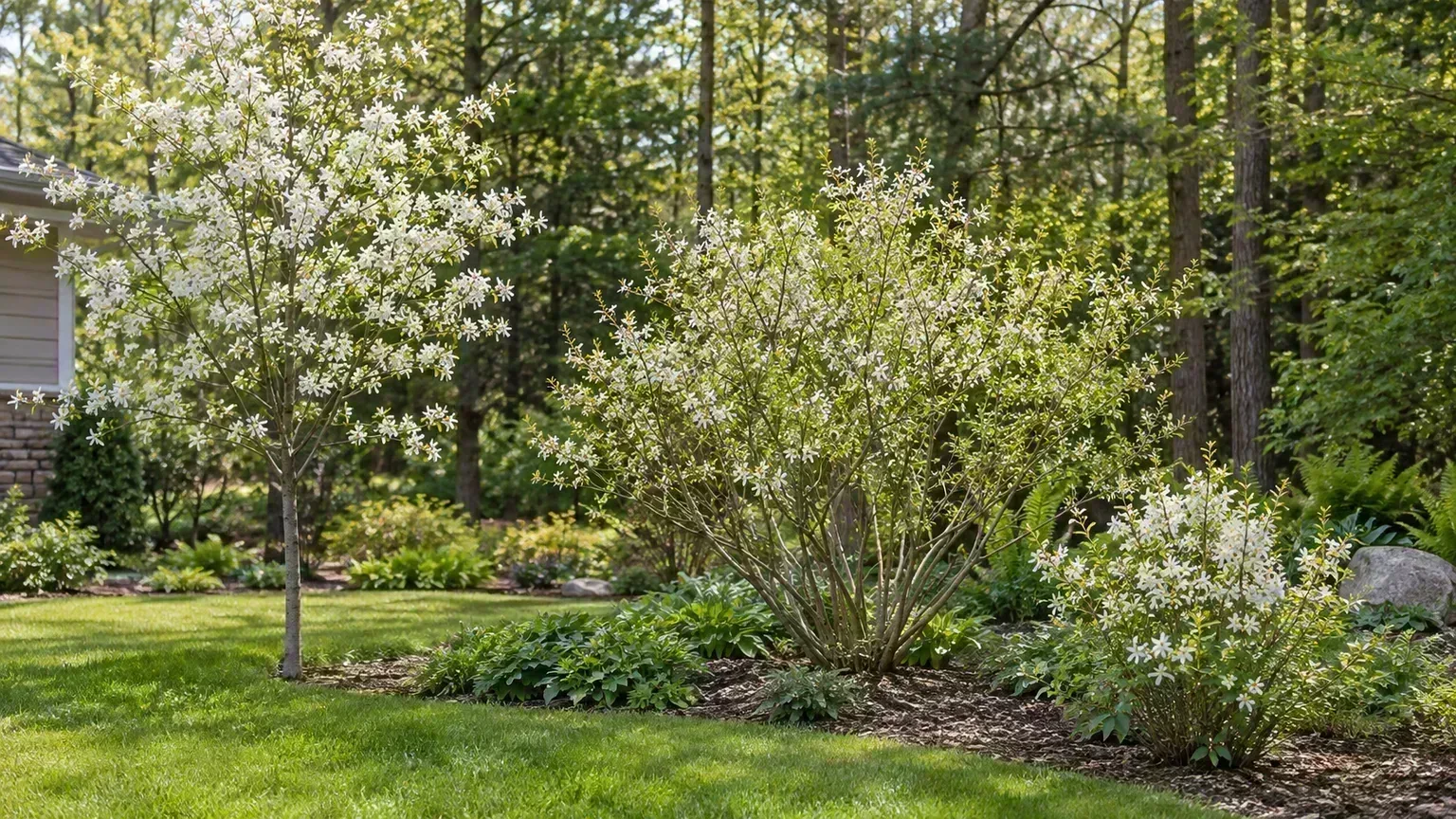 A single-trunk serviceberry tree beside multi-stem shrub forms in a landscaped garden
