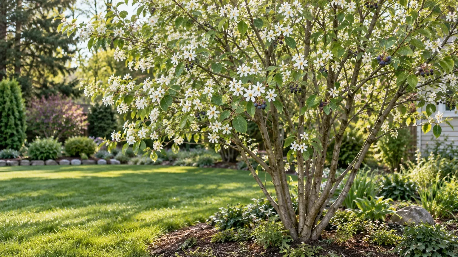 Saskatoon serviceberry blooming on a multistem shrub in a garden