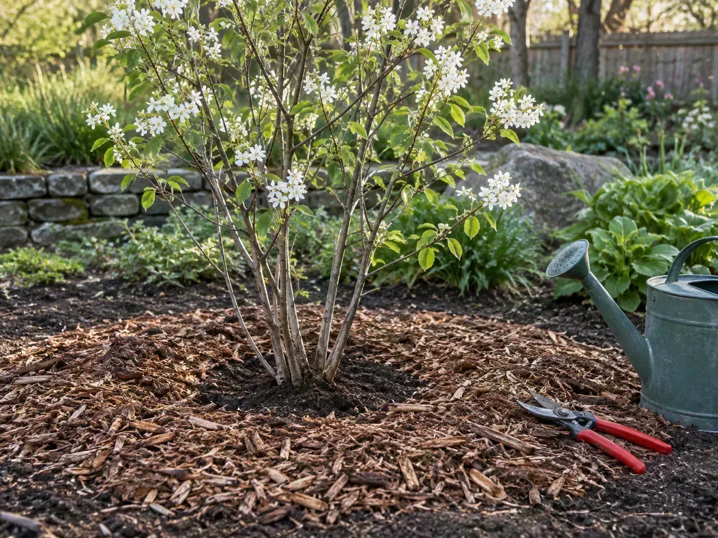 Flowering Saskatoon serviceberry with pruning shears and a watering can at the shrub base