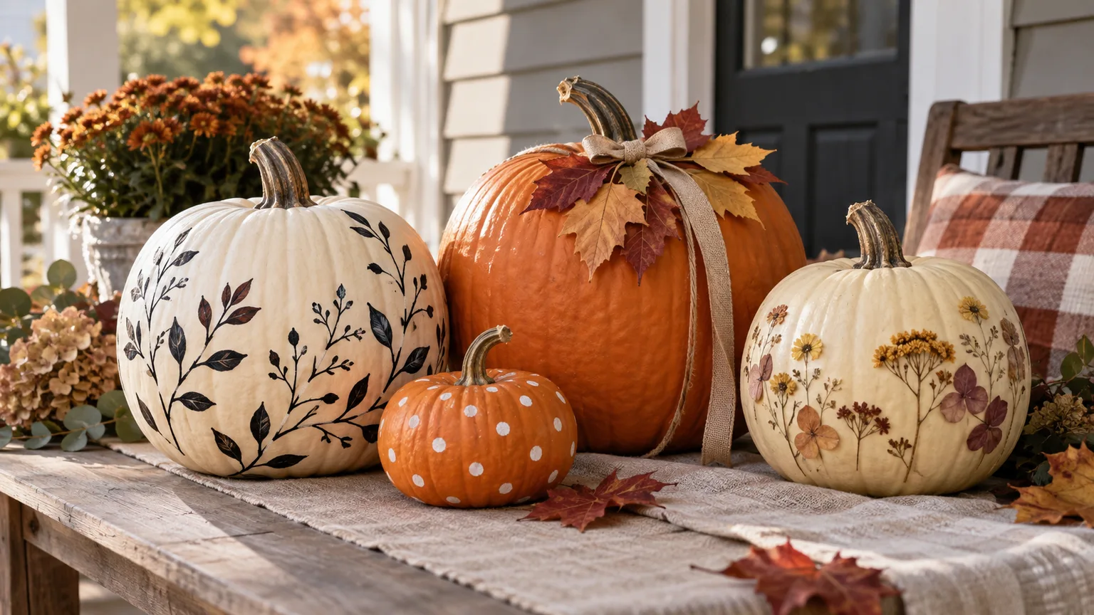 Whole orange and cream pumpkins decorated with paint, ribbon, leaves, and dried flowers on an autumn porch table