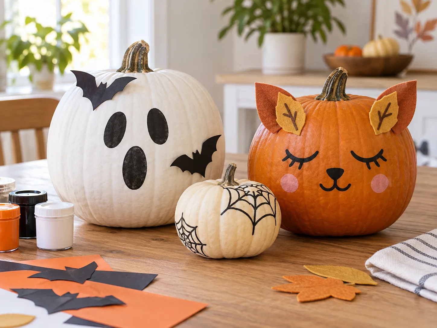 Three whole pumpkins decorated as a friendly ghost, sleepy woodland cat, and painted spiderweb