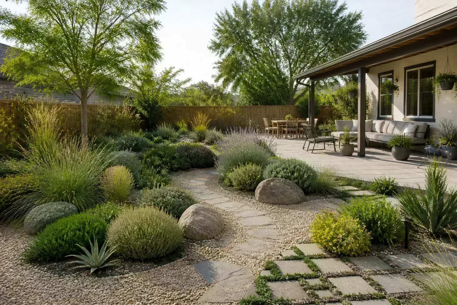 Gravel paths and reduced lawn in a water-wise front yard layout