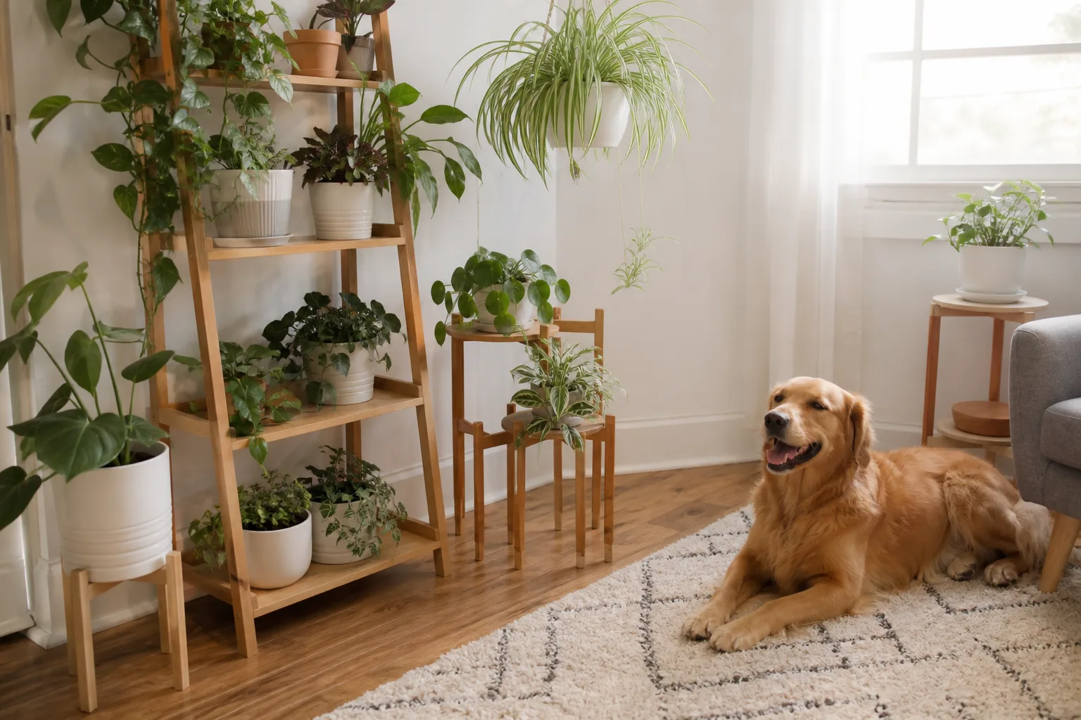 Bright living room with elevated pet-safe houseplants and a dog resting safely on the floor