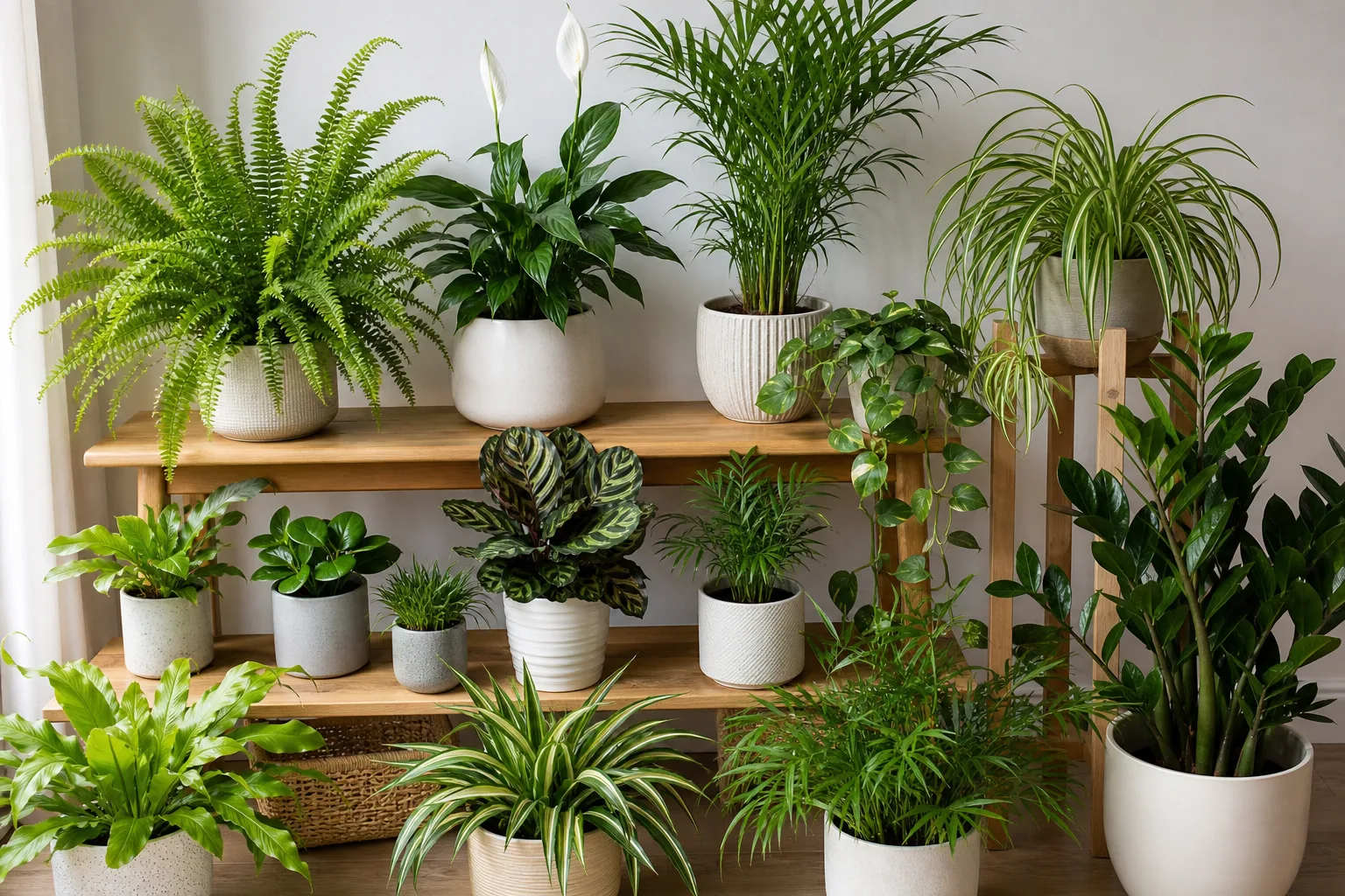 Variety of dog-safe indoor plants including fern, palm, spider plant, and calathea on a home shelf