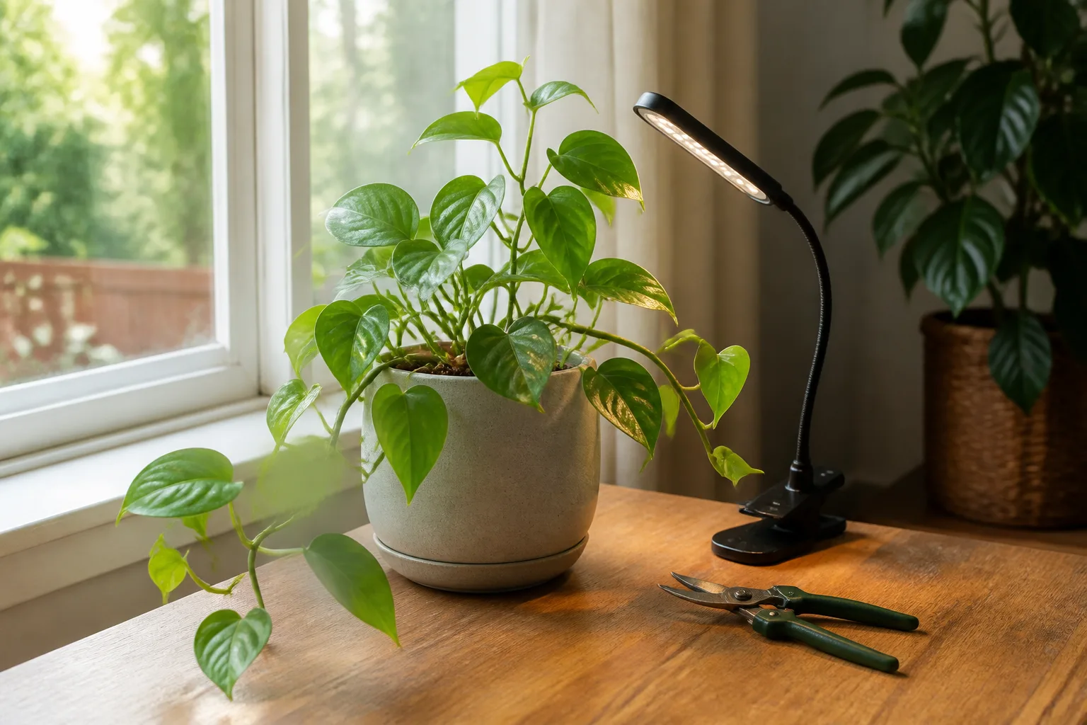Houseplant shelf placement at leaf height near a window for accurate light readings