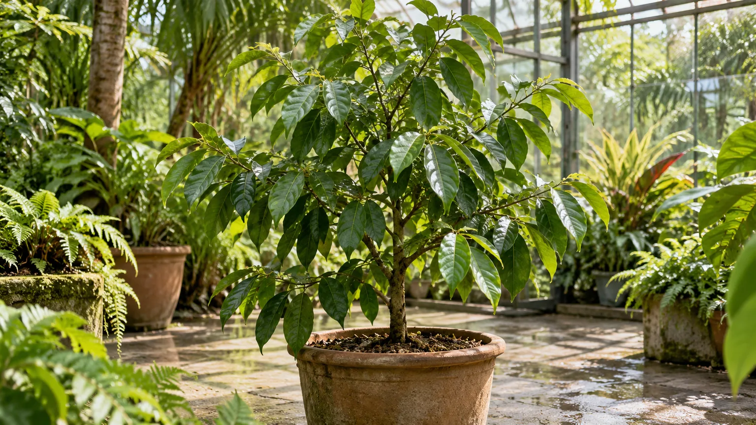 Young nutmeg tree growing in a sturdy pot in a bright, humid greenhouse