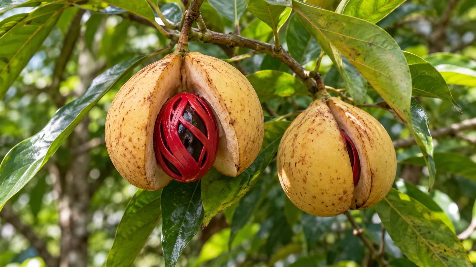 Ripe nutmeg fruit split open to reveal red mace wrapped around the seed