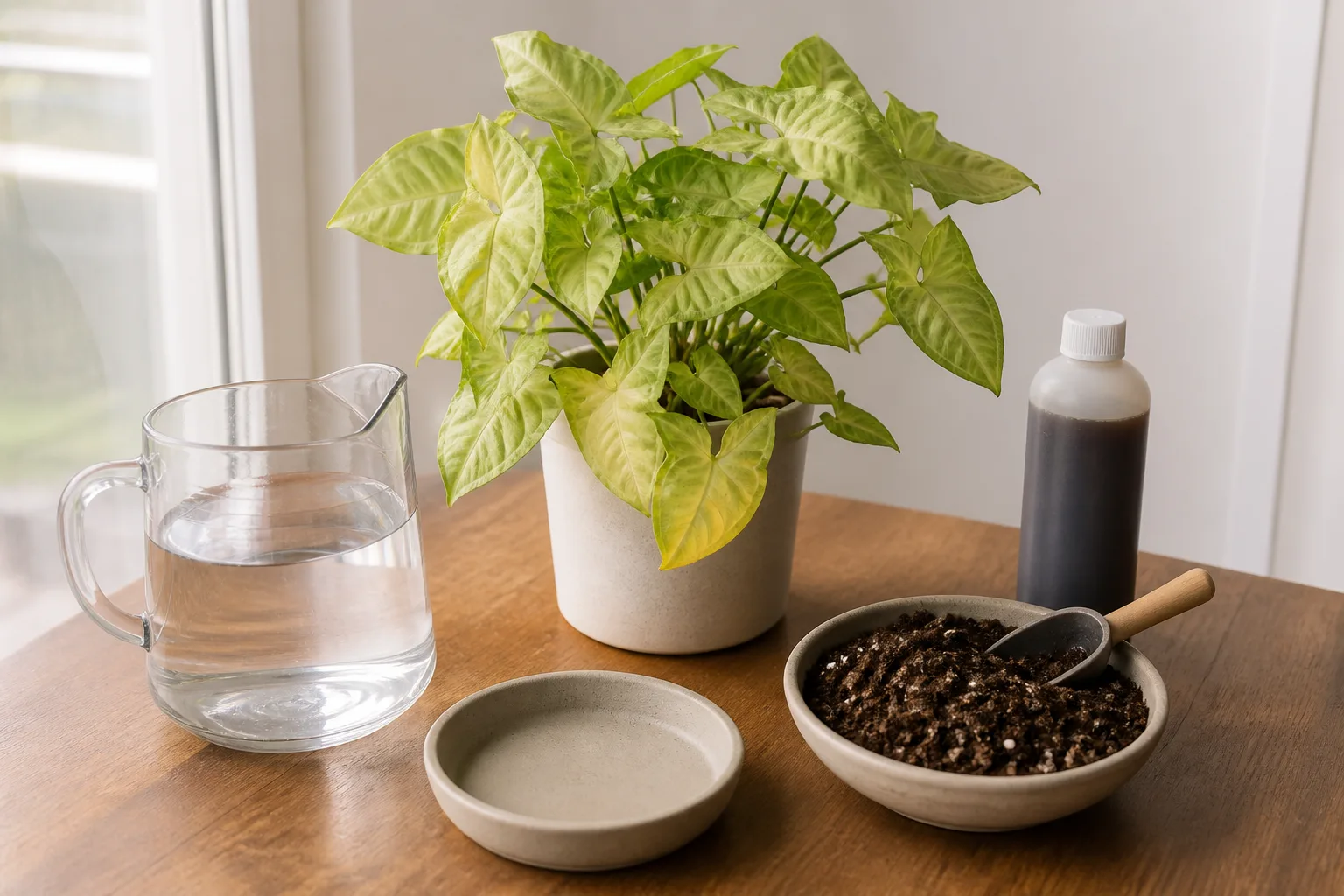A plant, soil mix, water, and fertilizer arranged for checking nutrient stress before adding more feed