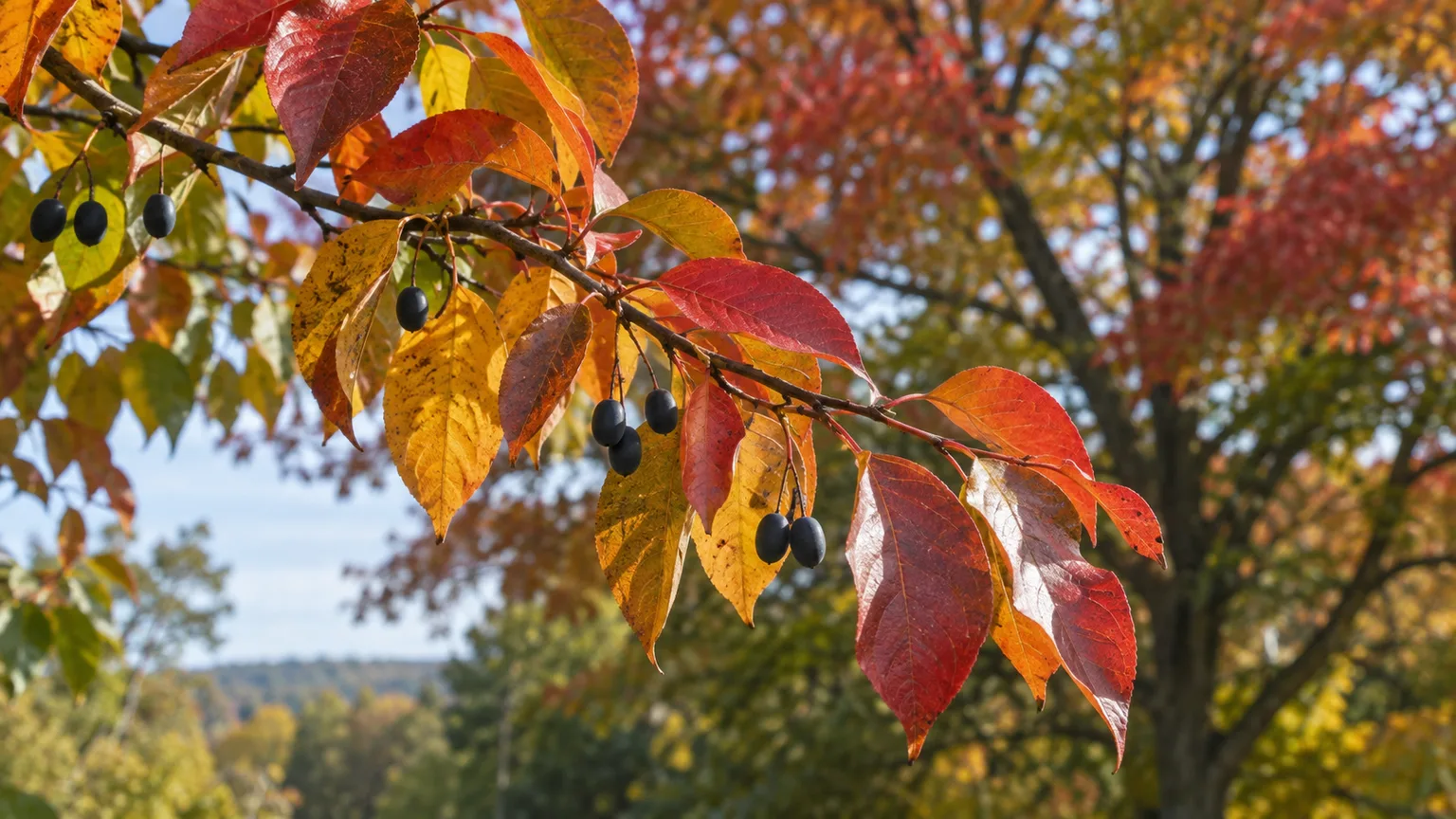 Black gum leaves changing from gold to scarlet with small blue-black drupes