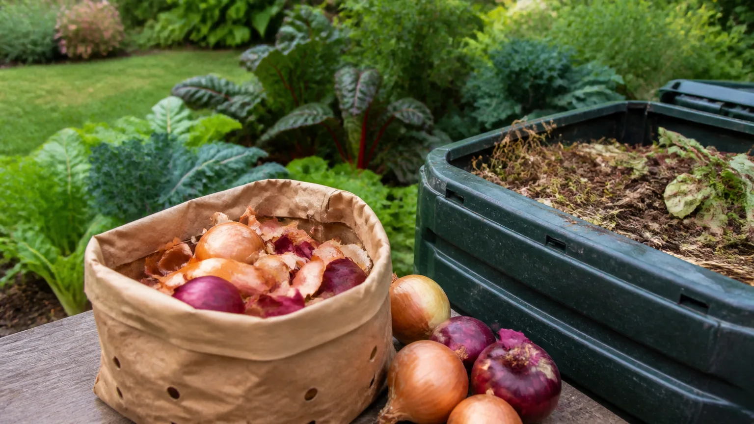 Dark organic compost and soil amendment spread beside a backyard garden bed