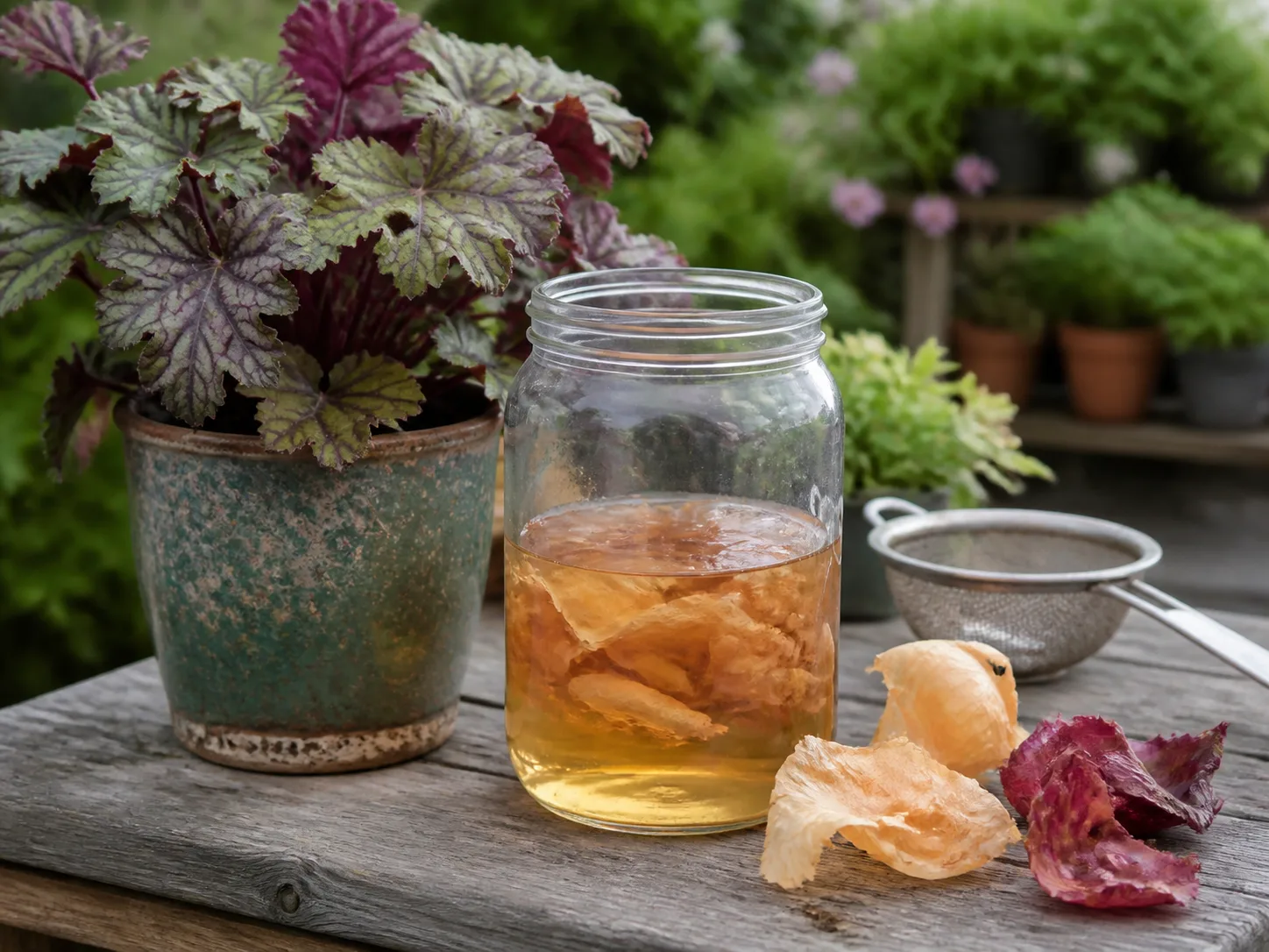 Jar of a mild kitchen-scrap soak beside a potted garden plant