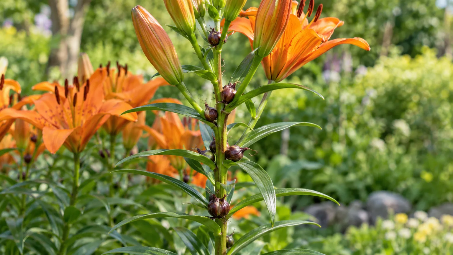Dark bulbils forming at the leaf axils of a healthy orange lily stem