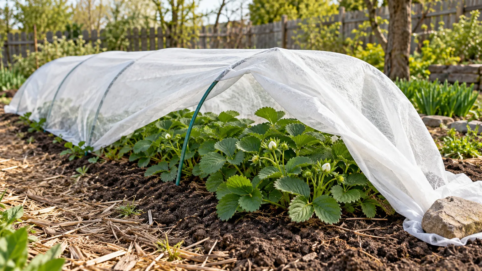 A low fabric row cover is secured over strawberry plants in an outdoor garden bed.