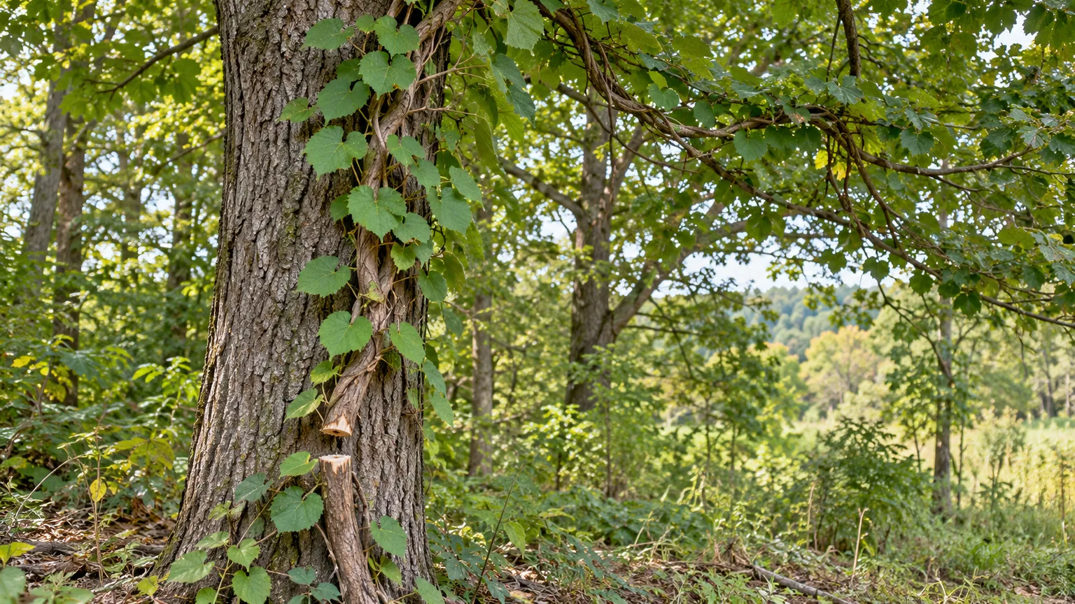 Oriental bittersweet vine severed near a tree base with the upper vine left in the canopy