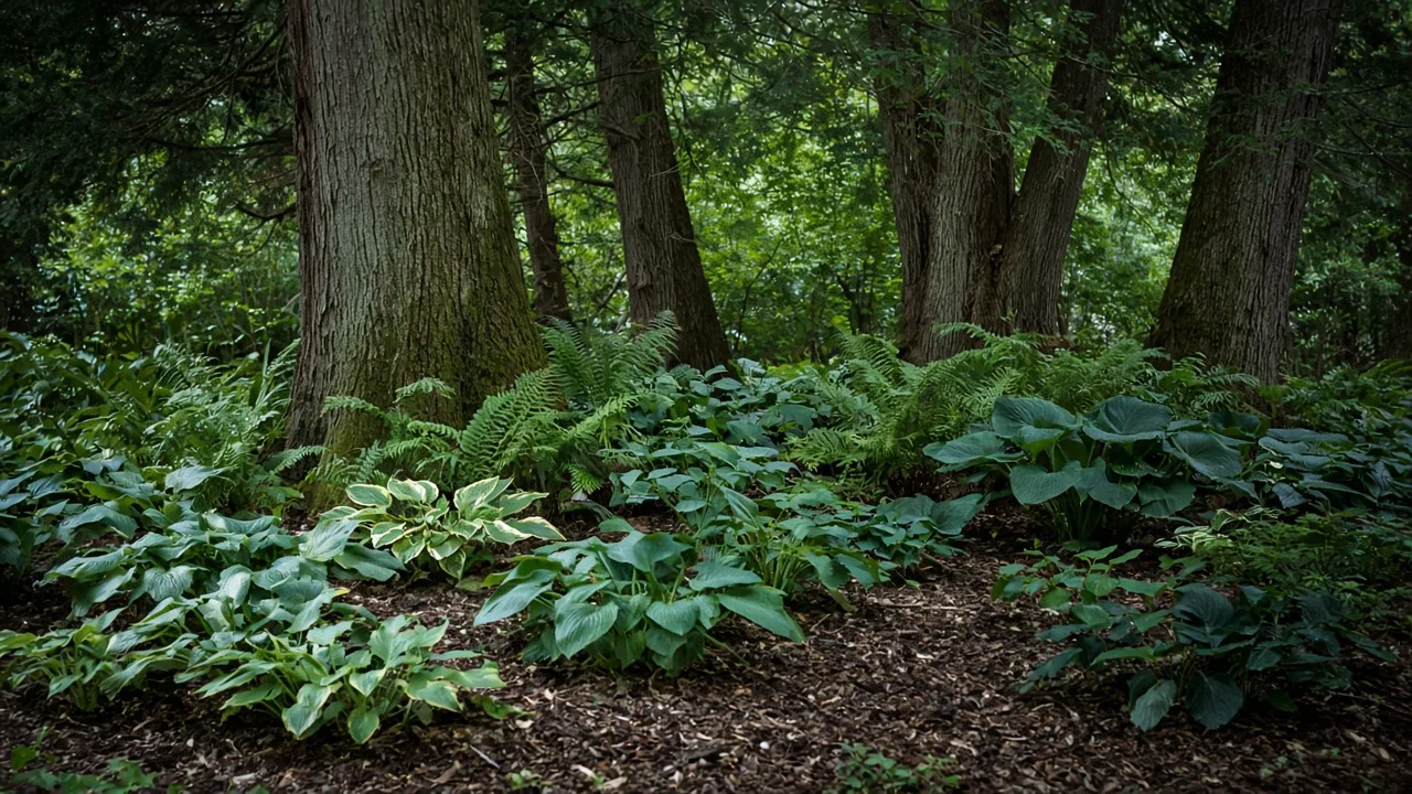 Leafy plants growing in dappled shade beneath a tree canopy