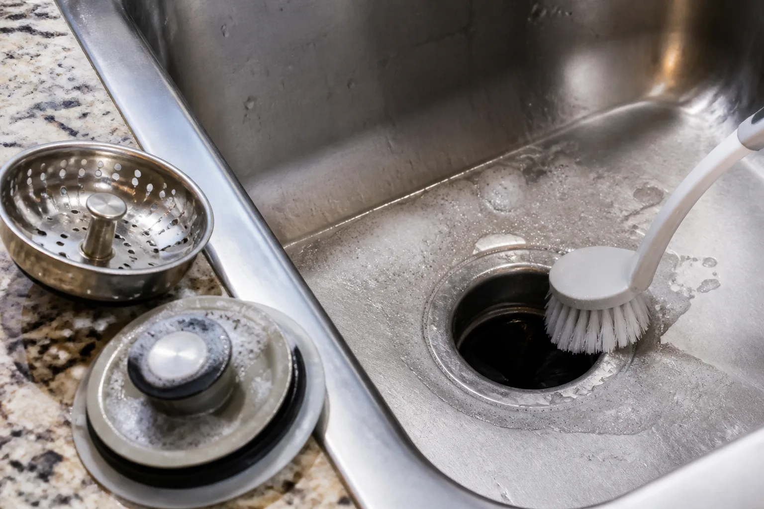 Scrubbing the drain opening, stopper, and overflow removes residue where small flies may feed.