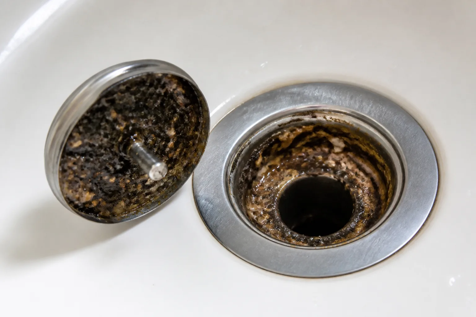 Residue inside a kitchen sink drain that can attract tiny flies