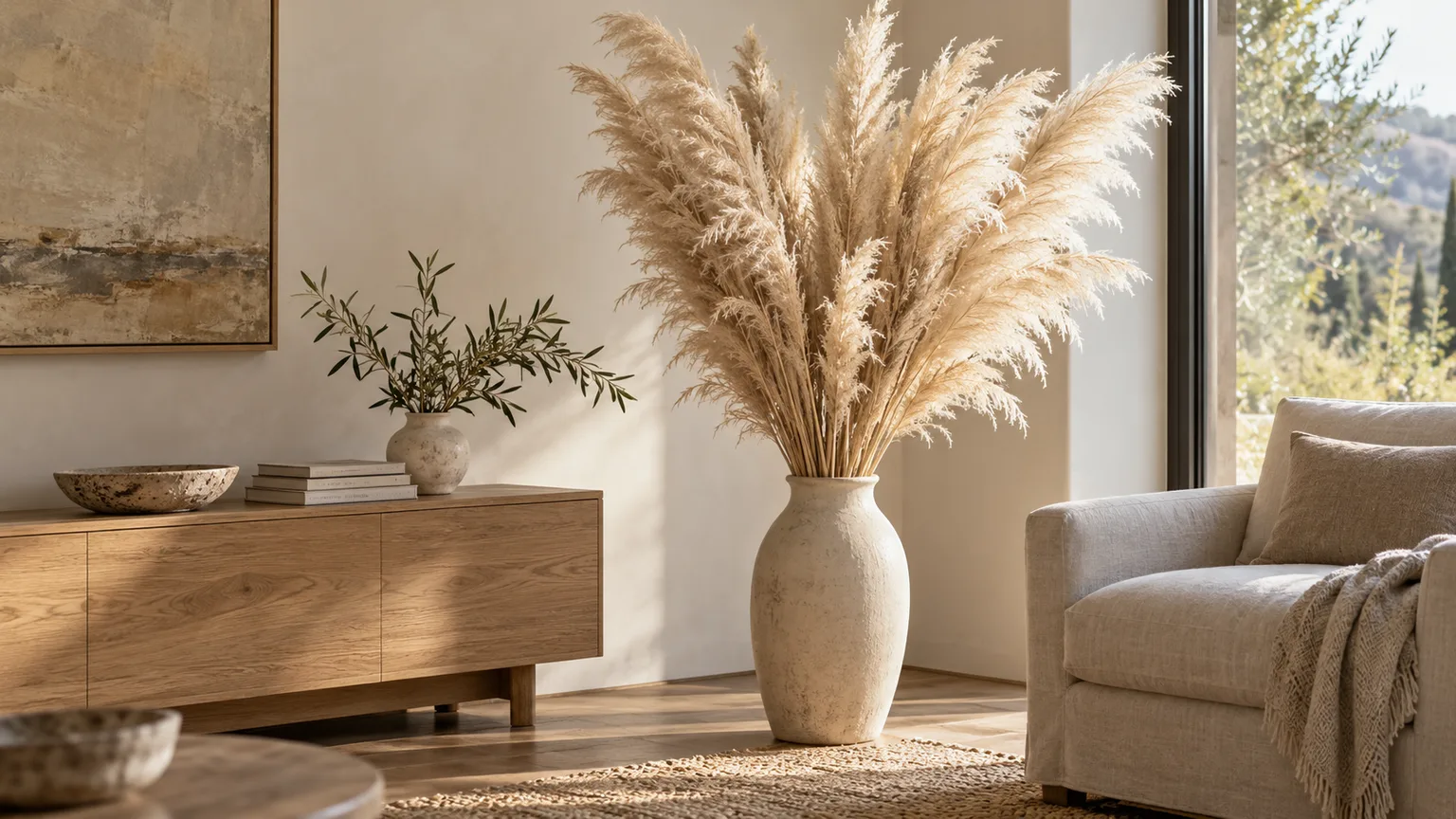 Tall cream pampas plumes in a ceramic floor vase beside a wood console and linen chair