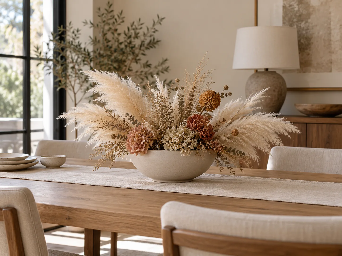 A low bowl-shaped vase of pampas plumes and dried flowers sits along a dining table below seated sightlines