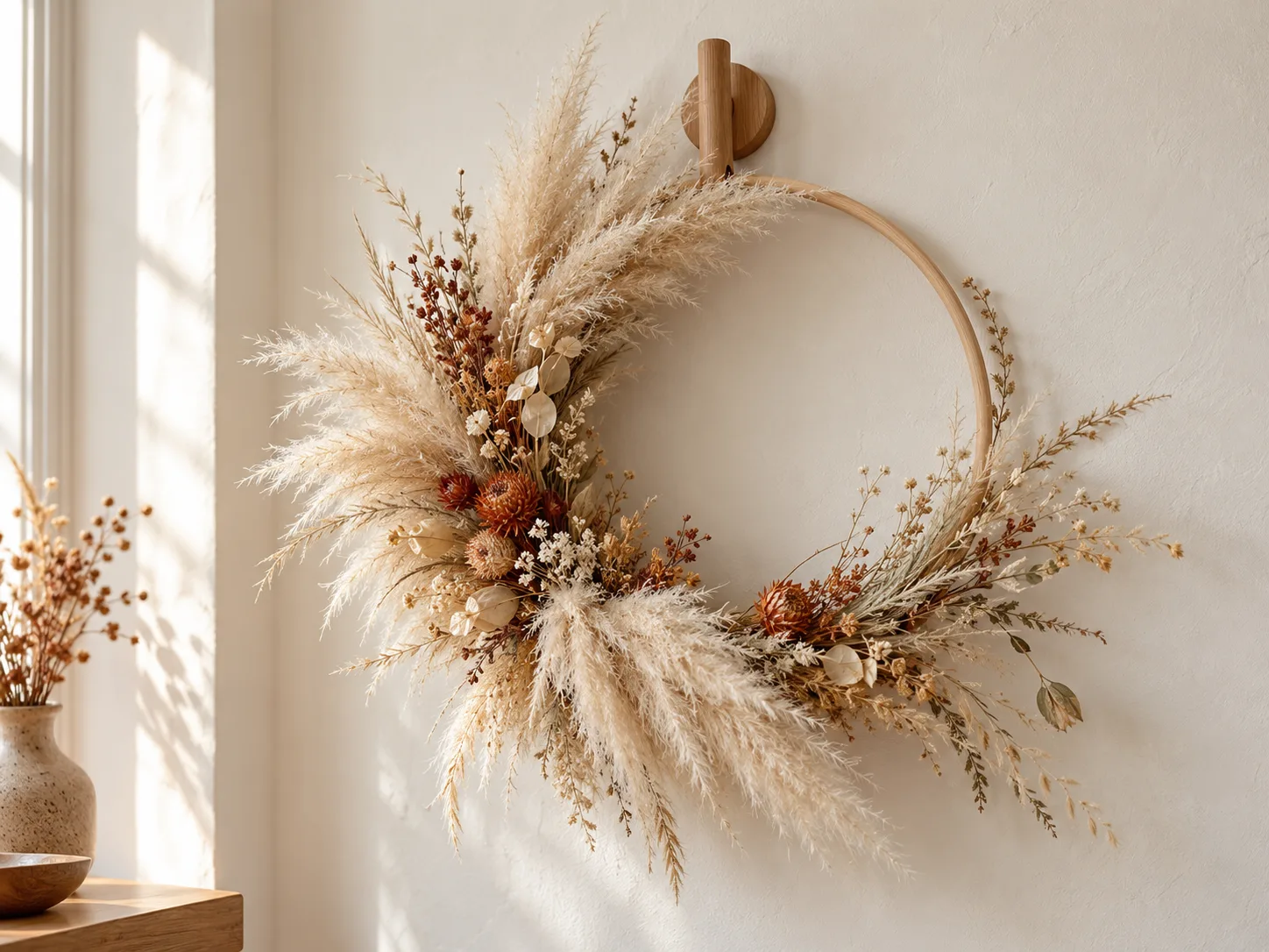 A natural pampas grass wreath with rust and cream dried botanicals hangs on a light wall