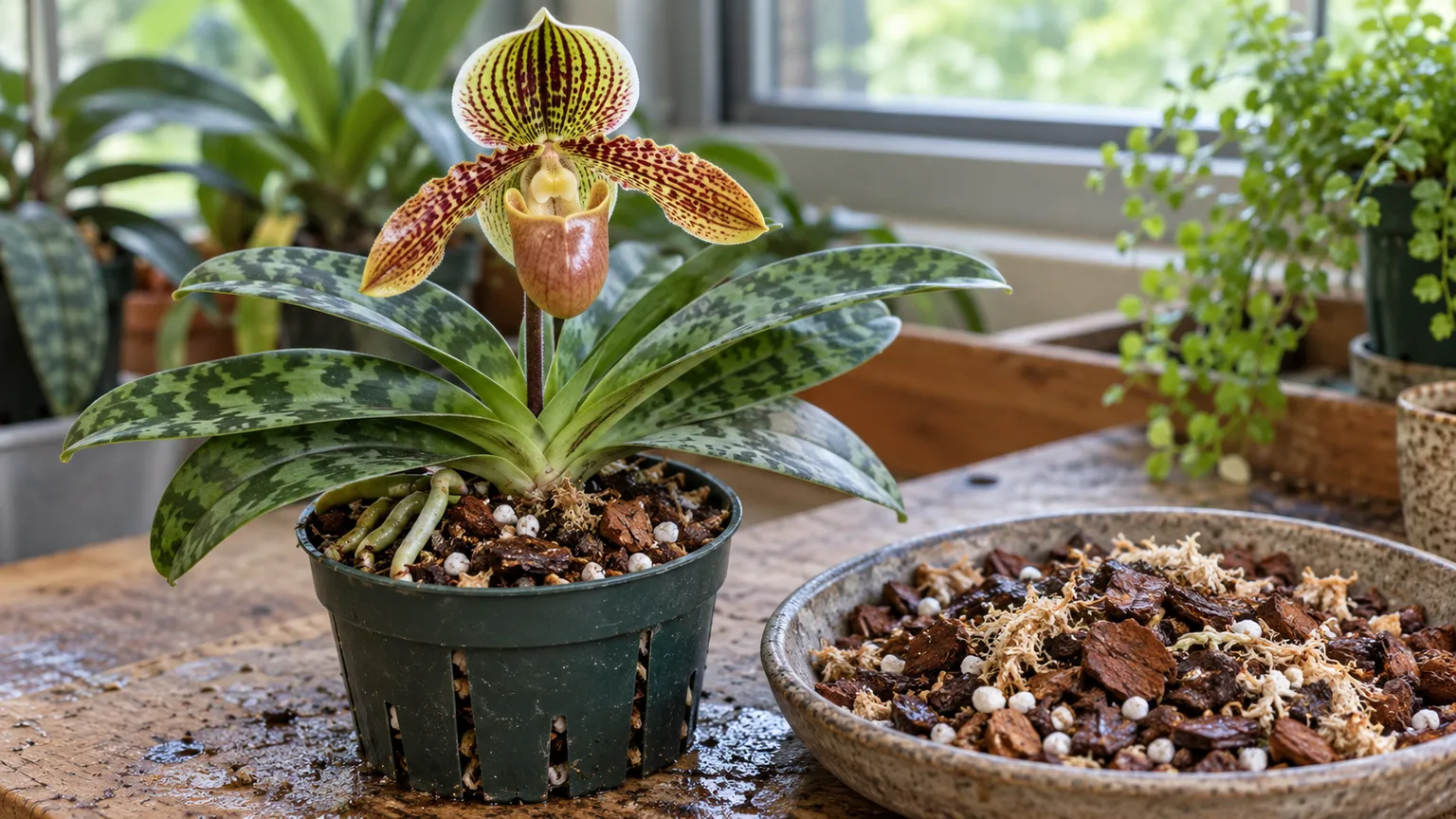 A Paphiopedilum growing in a lightly moist, fine-to-medium orchid mix with fir bark, perlite, and sphagnum.
