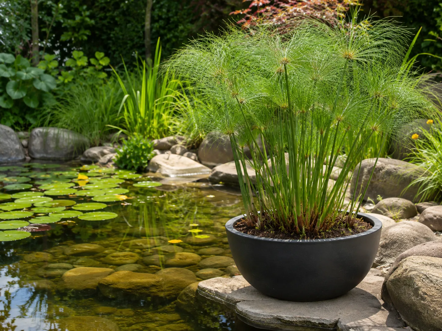 A planted backyard water garden with a potted marginal plant and floating lily pads