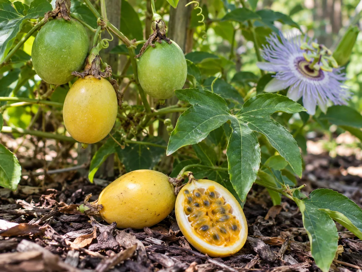 Yellow ripe maypop fruit with golden pulp and seeds