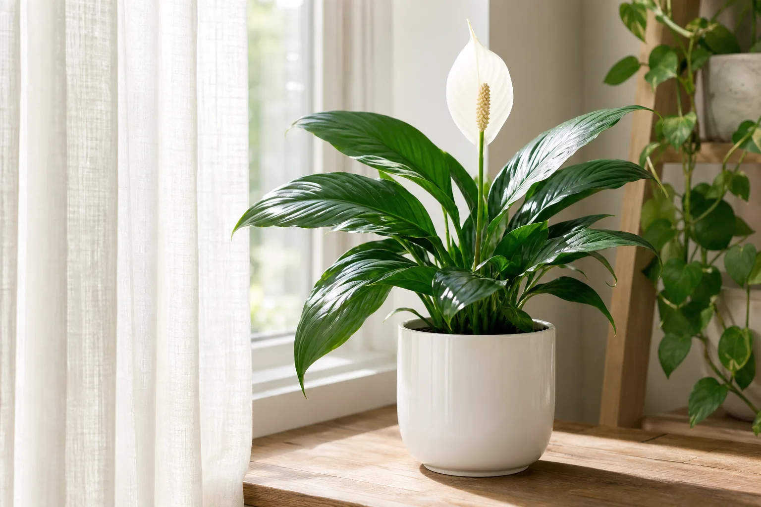 Peace lily growing indoors in a bright room