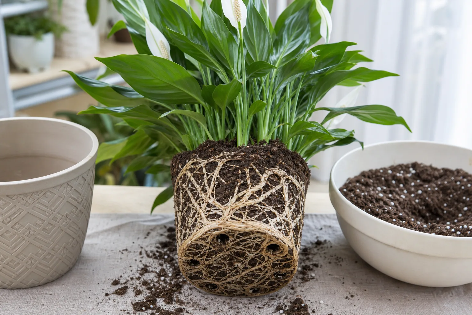 Peace lily root ball with dense circling roots ready for a careful root-space assessment