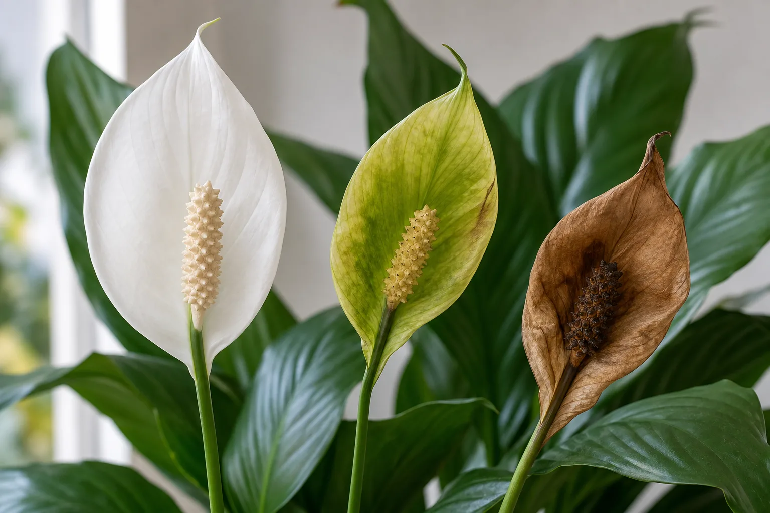 Peace lily spathes at fresh, fading-green, and brown stages