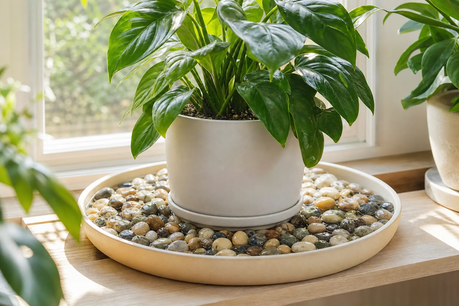 Decision matrix comparing pebble tray alternatives for houseplant humidity by plant count and room dryness