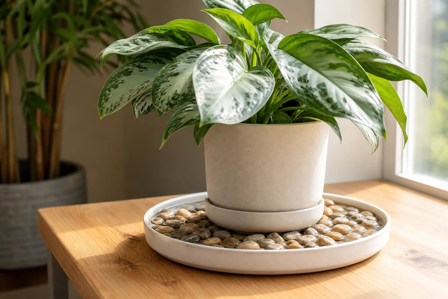 Mid-size ultrasonic humidifier beside humidity-loving houseplants when pebble trays are not enough
