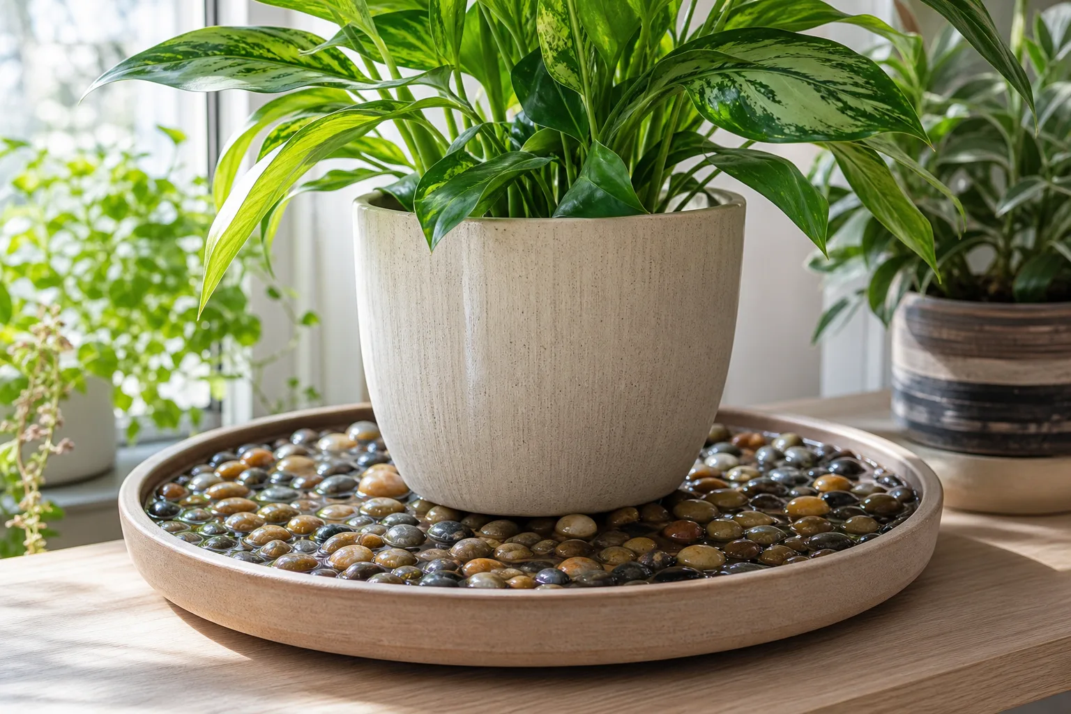 Incorrect vs correct water line: pot touching standing water vs pot above pebbles