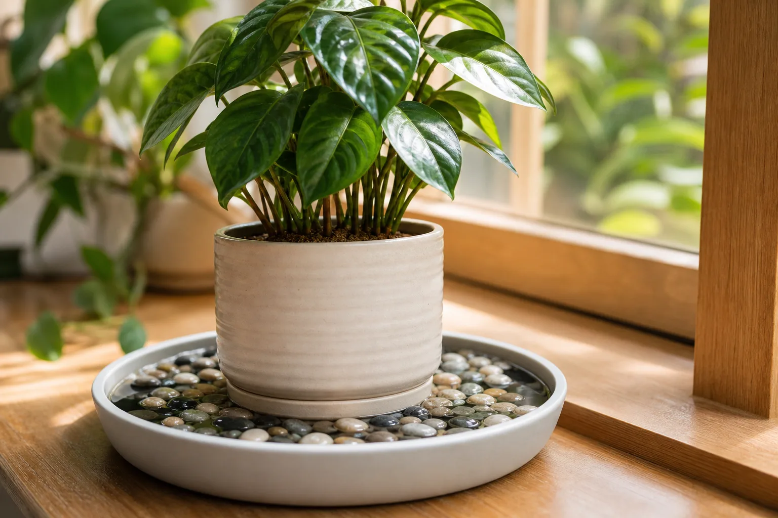 Hygrometer reading beside a pebble tray under a compact tropical
