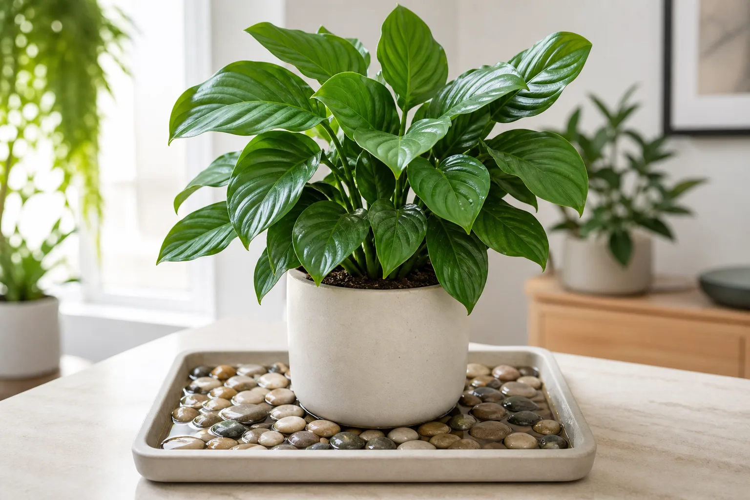 Quick answer callout: wide pebble tray under a low-growing houseplant with correct water line