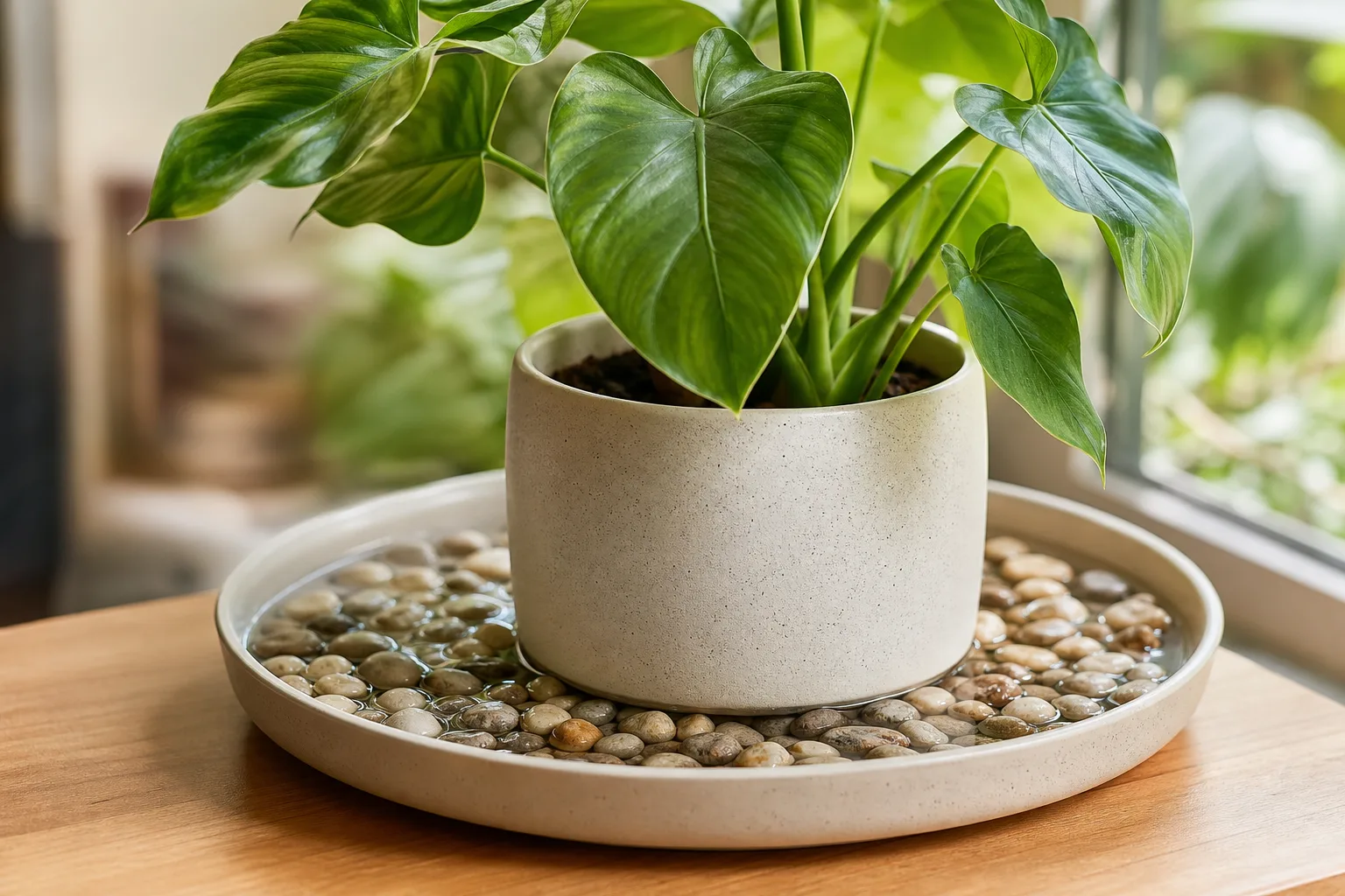 Wide tray under a small pot showing 1.5x width and correct water level