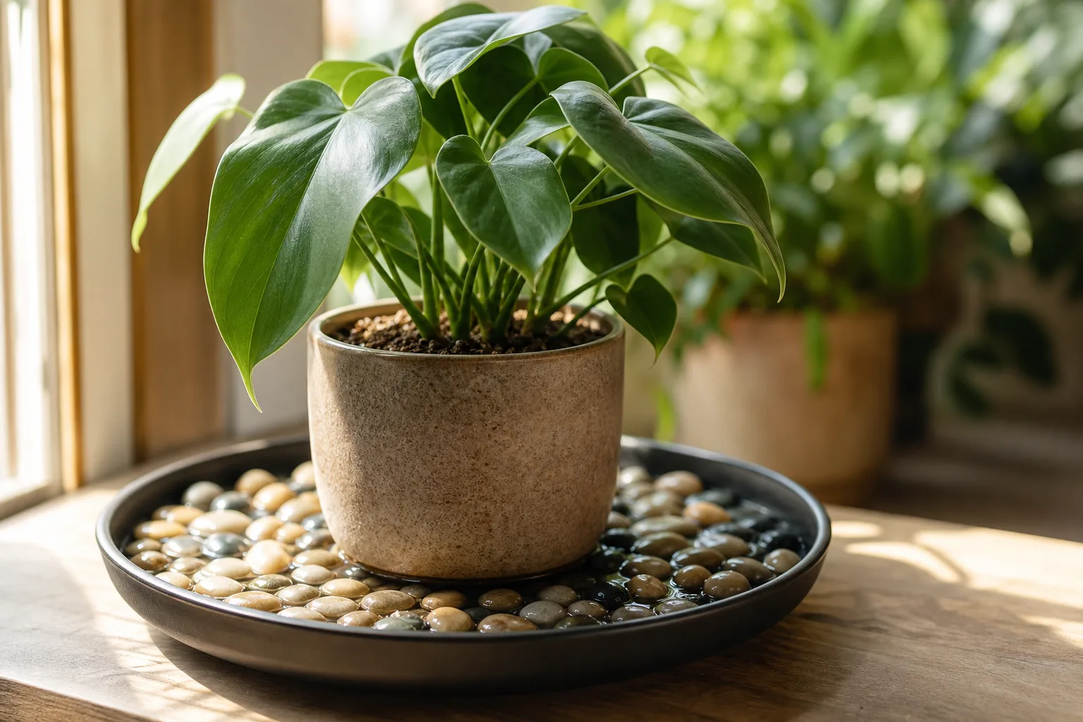 Grouped small tropicals on a shelf with one wide pebble tray
