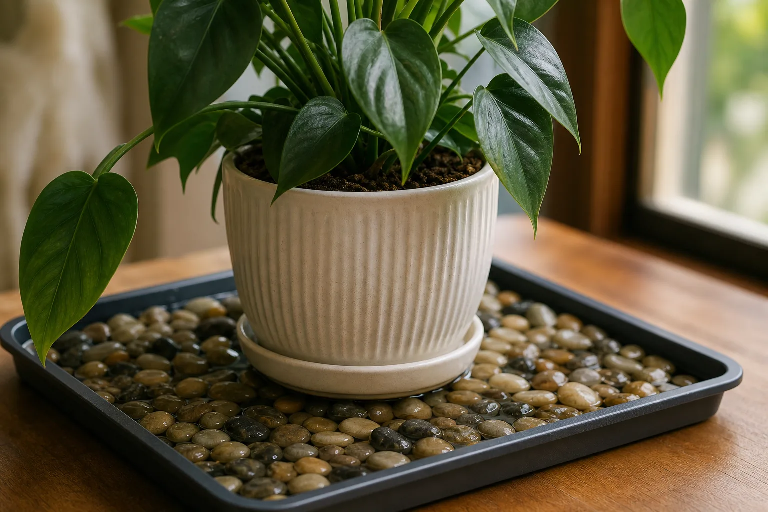 Houseplant with humidity stress signs beside a hygrometer on a shelf