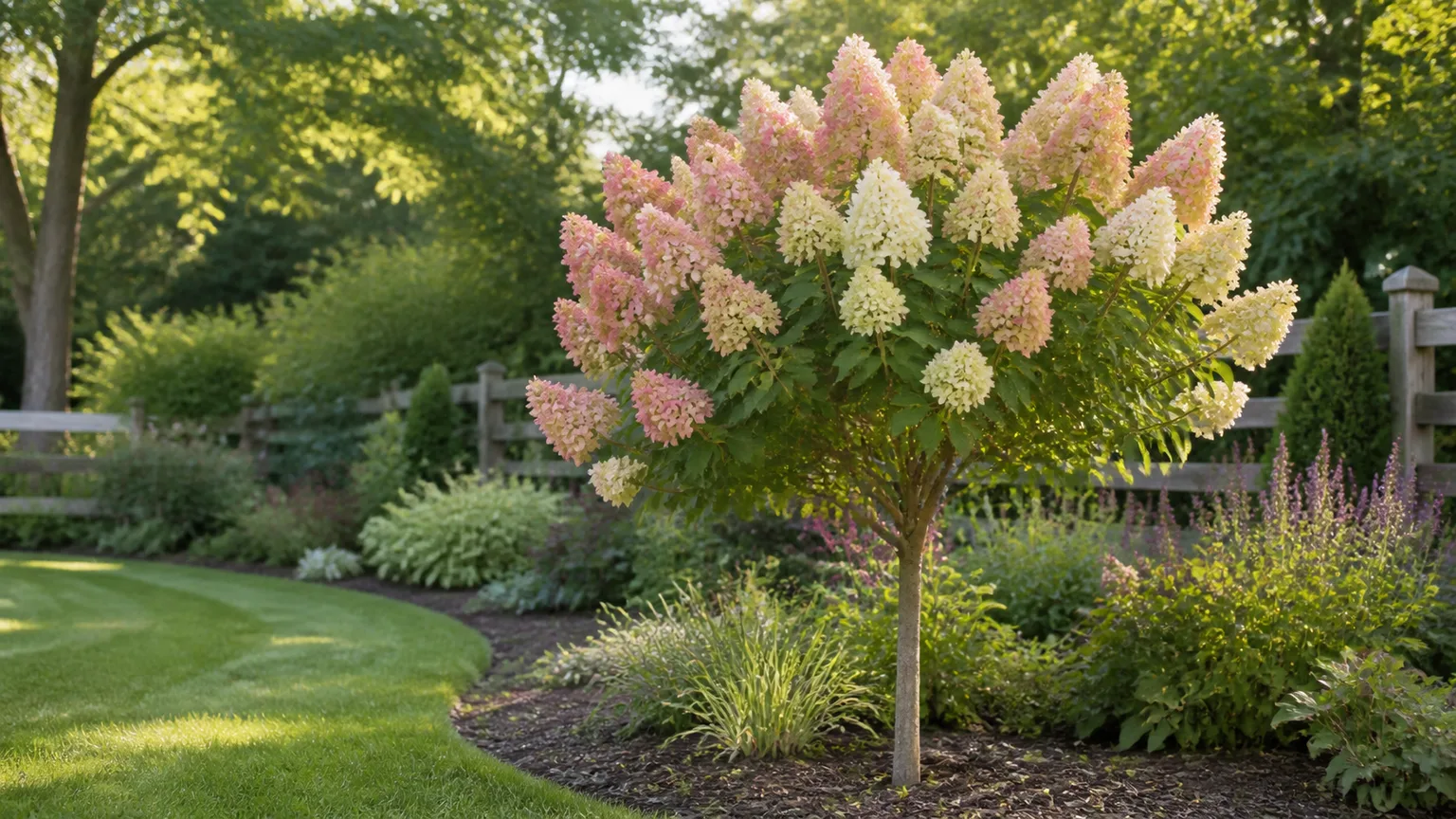 Flowering panicle hydrangea in a landscaped garden bed