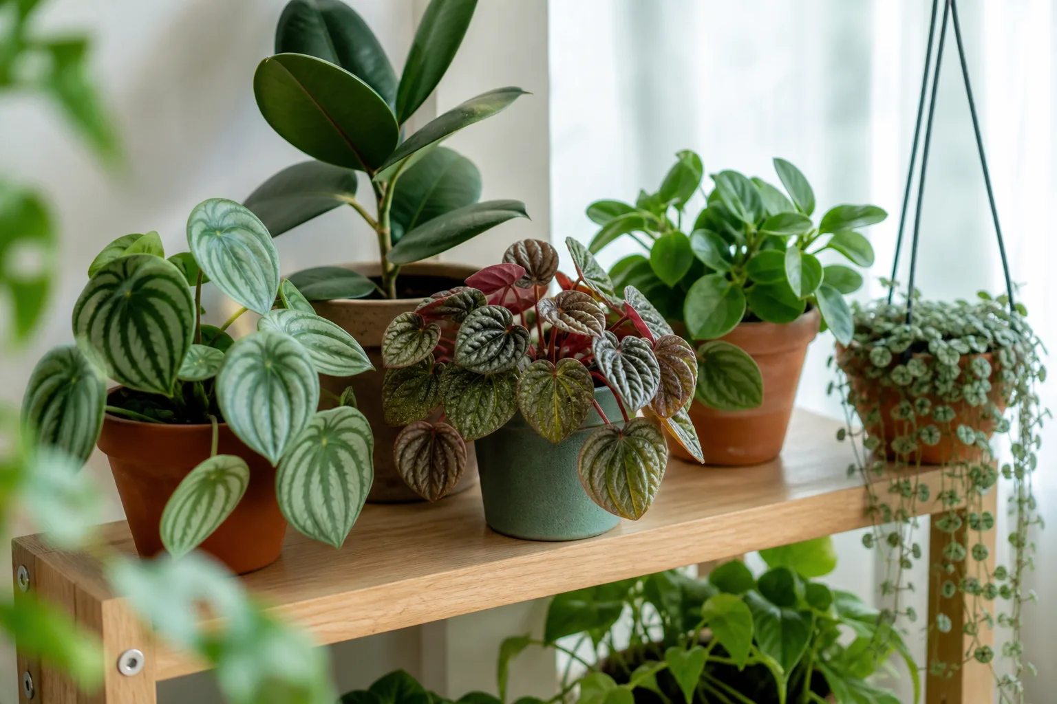 Curated collection of peperomia varieties including ripple caperata, watermelon stripes, and trailing types on a bright indoor plant shelf
