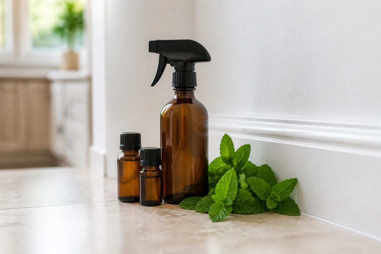 Spray bottle and peppermint essential oils on a kitchen counter near a baseboard for natural mouse repellent
