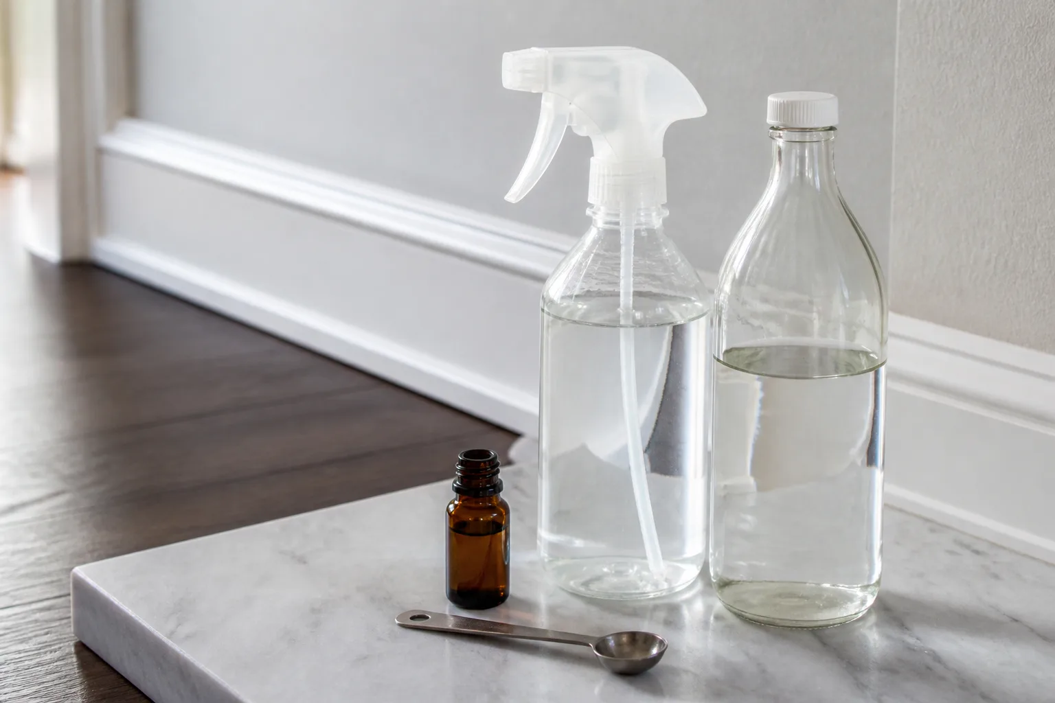 A spray bottle, amber peppermint oil bottle, measuring spoon, and water bottle arranged for a small test batch