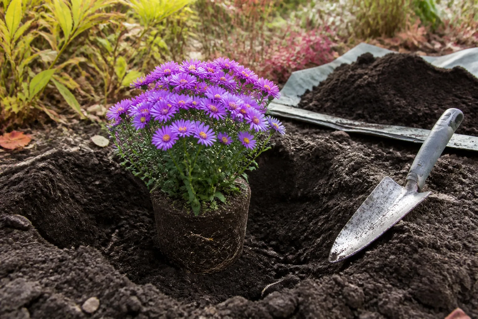 Newly planted perennial asters set at proper depth in a prepared sunny garden bed