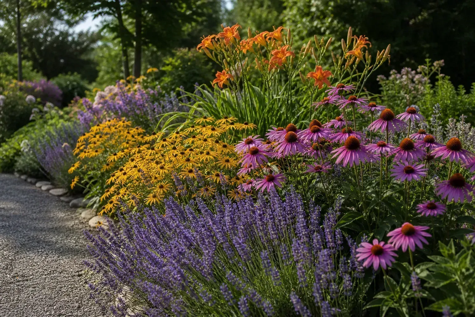 A sunny mixed perennial border with low purple flowers along the front edge