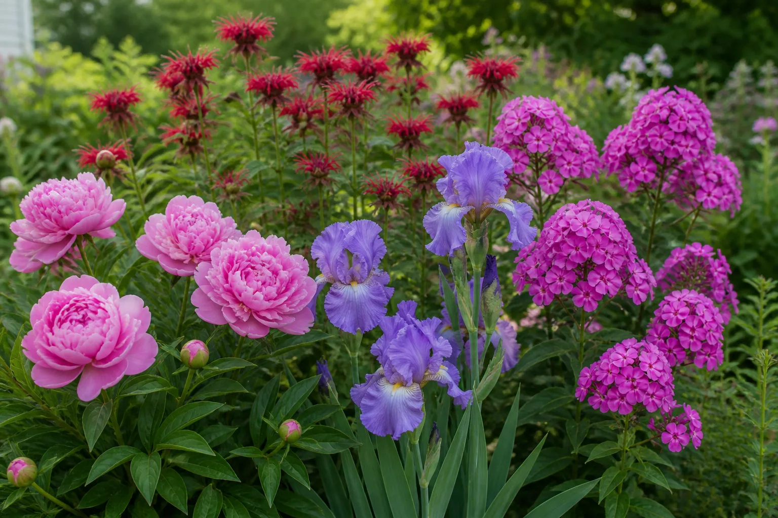 Peonies and early spring flowers in a sunny perennial bed